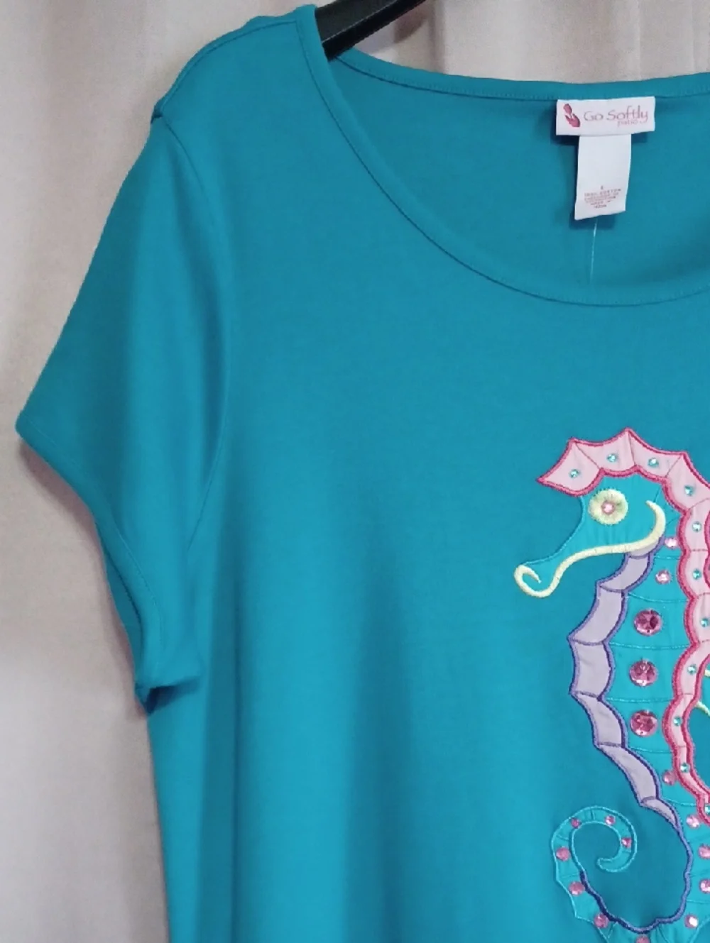 Go Softly Patio Turquoise Seahorse Tunic Midi Dress Embroidered Sequins Pockets